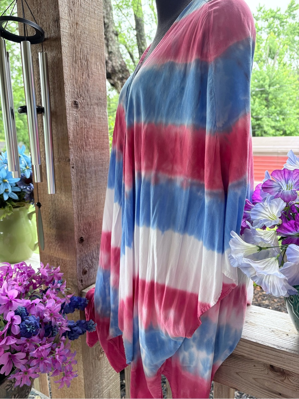 Mm Mm Mm Tie Dye Red White Blue Flowy Open Front Kimono Cardigan or Cover M - Picture 6 of 9